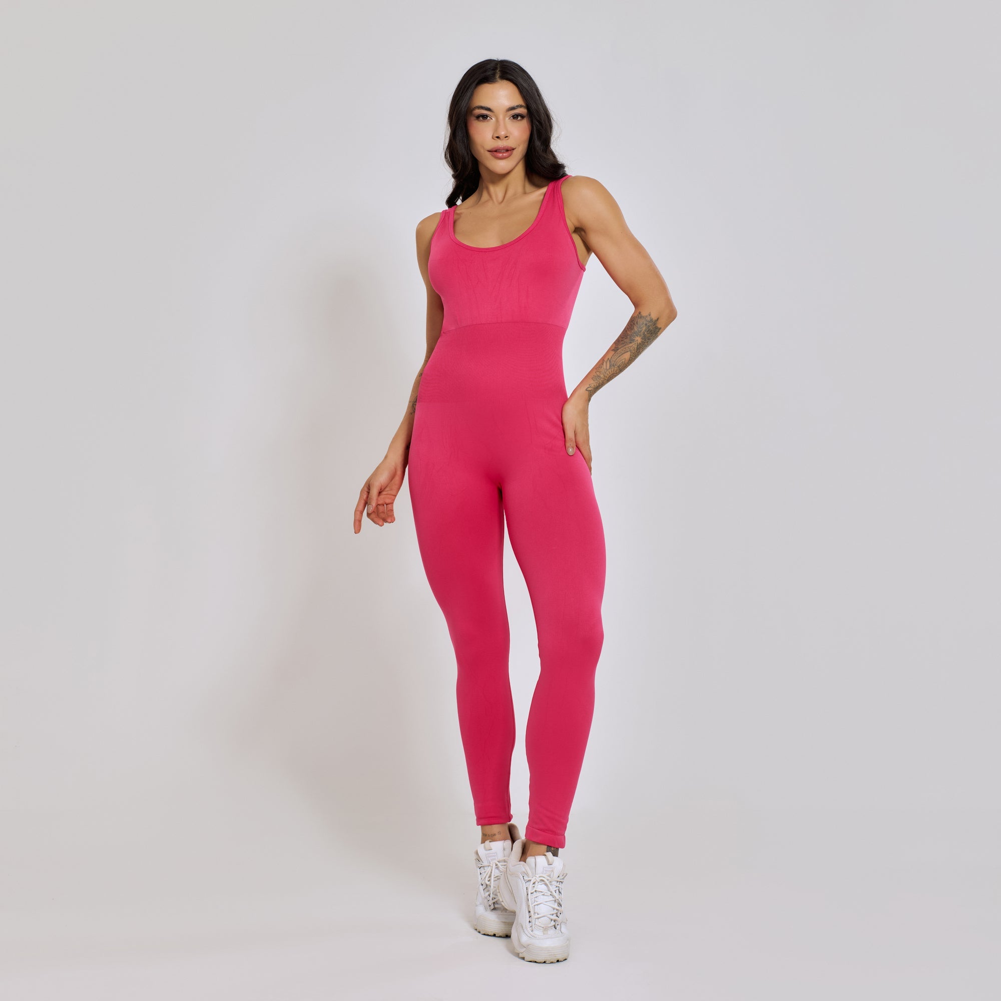 Nazzar Fit Seamless Cross‑Back Pink Fitness Jumpsuit